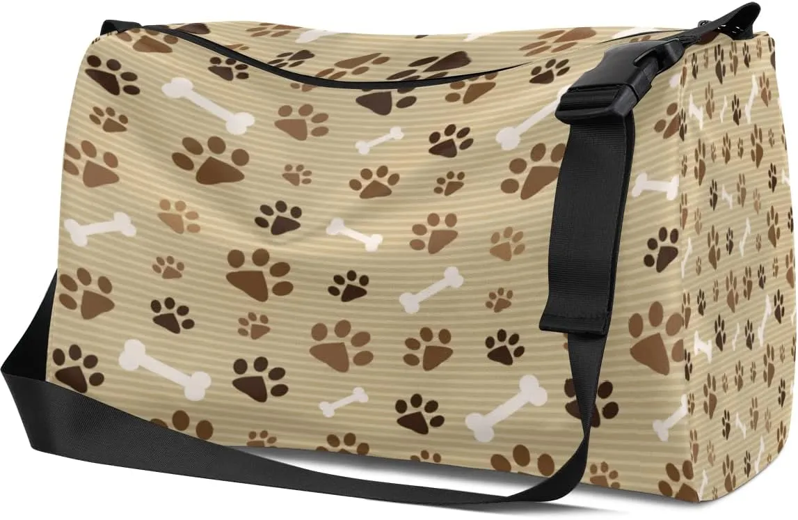 Leather Sport Gym Bag Dog Footprints and Bone Pattern Weekender Bag for Women and Men Carry On Bag Vintage Footprints Travel Duffel Bag