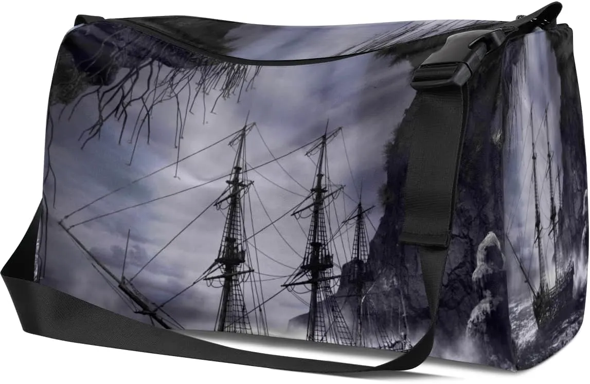 Leather Sport Gym Bag Ghost Ship In The Mist Weekender Bag for Women and Men Carry On Bag Poleboat Travel Duffel Bag