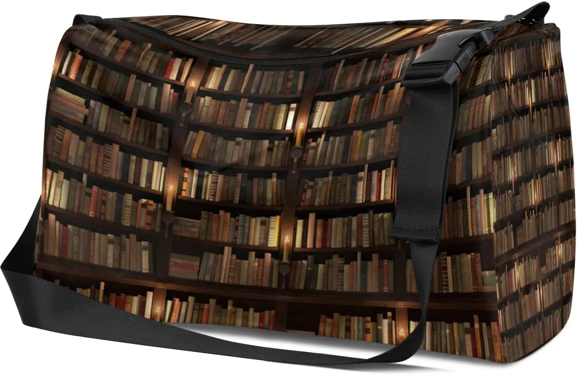 Leather Sport Gym Bag Library Bookshelf Pattern Weekender Bag for Women and Men Carry On Bag Bookshelf Travel Duffel Bag