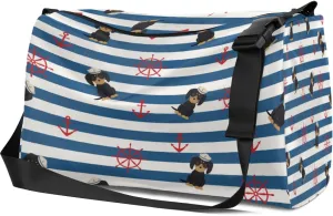 Leather Sport Gym Bag Puppy And Nautical Motifs Weekender Bag for Women and Men Carry On Bag Blue Stripes Travel Duffel Bag