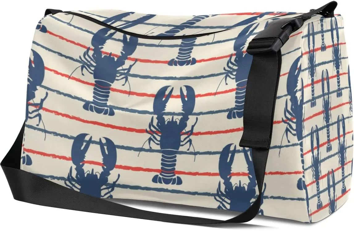 Leather Sport Gym Bag Retro Ocean Lobster Weekender Bag for Women and Men Carry On Bag Seafood Travel Duffel Bag