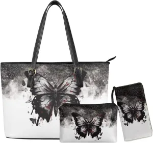 Leather Work Bag for Women Tote Bags with Clutch Makeup Travel Bag and Long Wallet 3 Piece Set