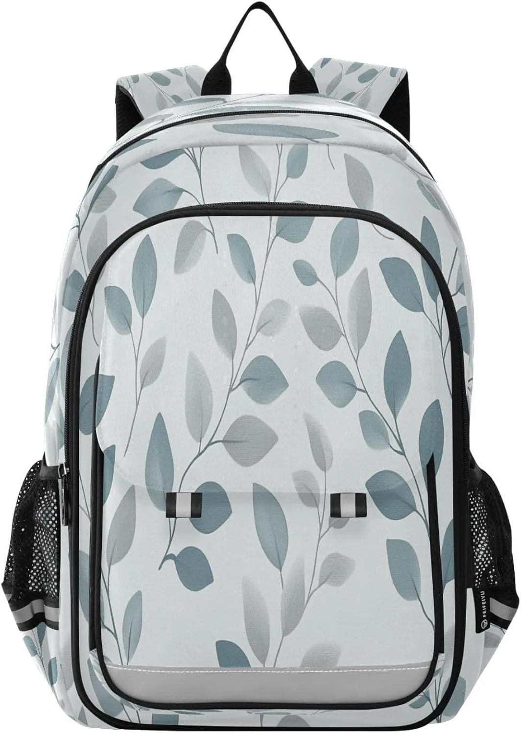 Light Blue Tiny Foliage Pattern Multi Compartment Student Backpack Reflective Stripes Travel Bag Casual Daypack School Bags for Boys Girls