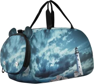 Lighthouse in Storm Duffle Bag for Girl, Sports Duffle Gym Bags with Shoe Compartment, Personalized Overnight Bag Travel Weekender for Kids
