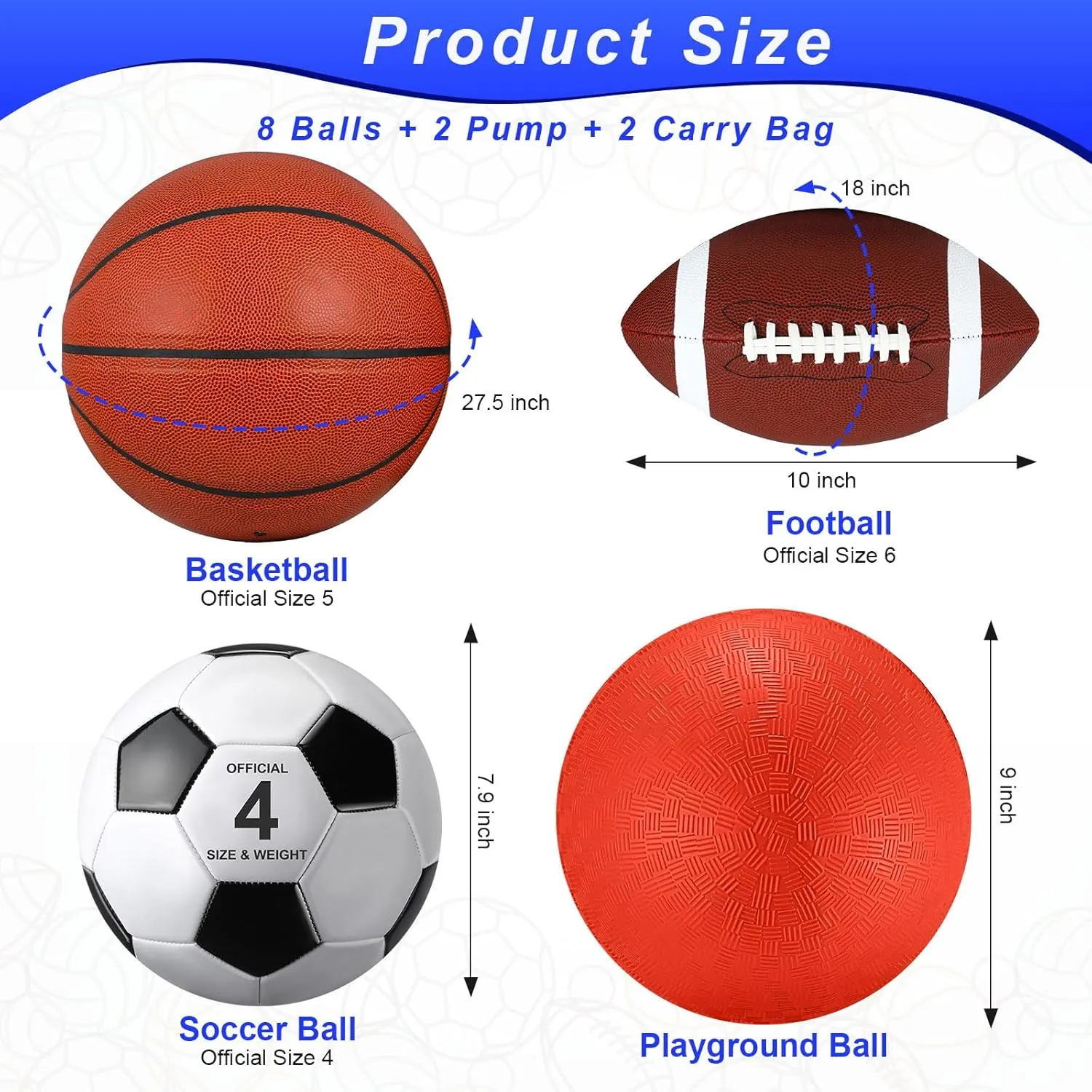 Liliful 8 Pcs Sport Balls Set for Kid Teen Include Size 5 Basketball Size 4 Soccer Size 6 Football and Pump Playground Ball Sports Equipment Net Bag for Sport Gift Back to School