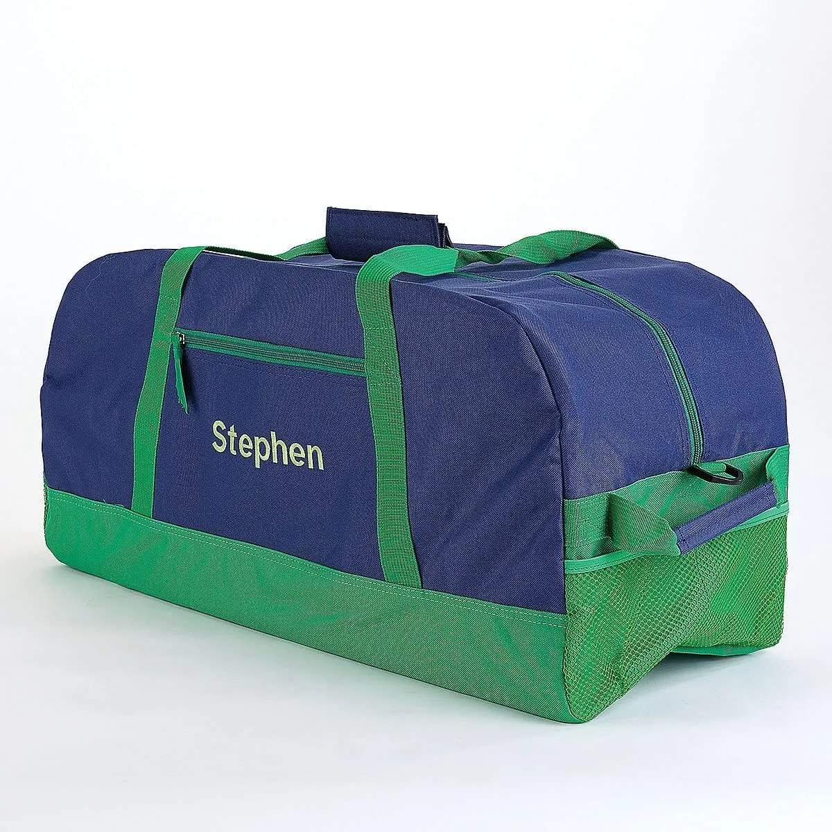 Lillian Vernon Navy and Green Personalized Medium Duffel Bag for Kids - Sports and Activities, Luggage, 11" x 12" x 23"W