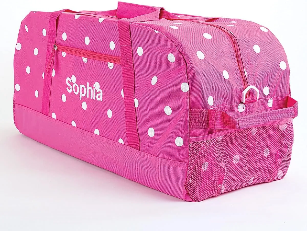 Lillian Vernon Personalized Duffel Bag for Kids, Roomy Pink & White Dots Weekender With Front & Side Compartment, Customizable Girls Sports & Travel Bags With Custom Name, 11" x 12" x 23"W
