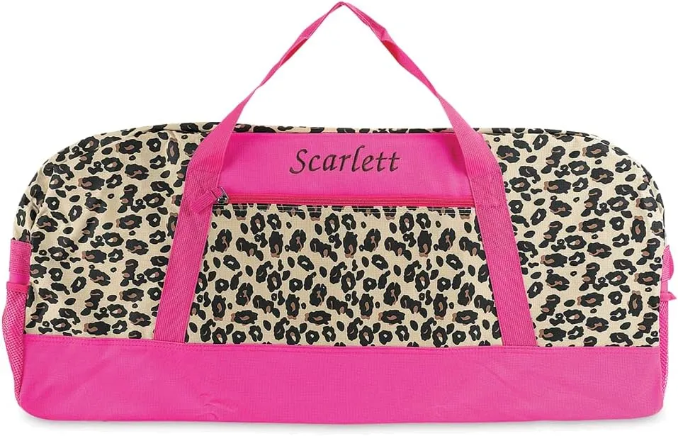Lillian Vernon Personalized Duffel Bag for Kids, Roomy Pink Leopard Weekender With Front & Side Compartment, Customizable Girls Sports & Travel Bags With Custom Name, 13" x 15" x 30"W