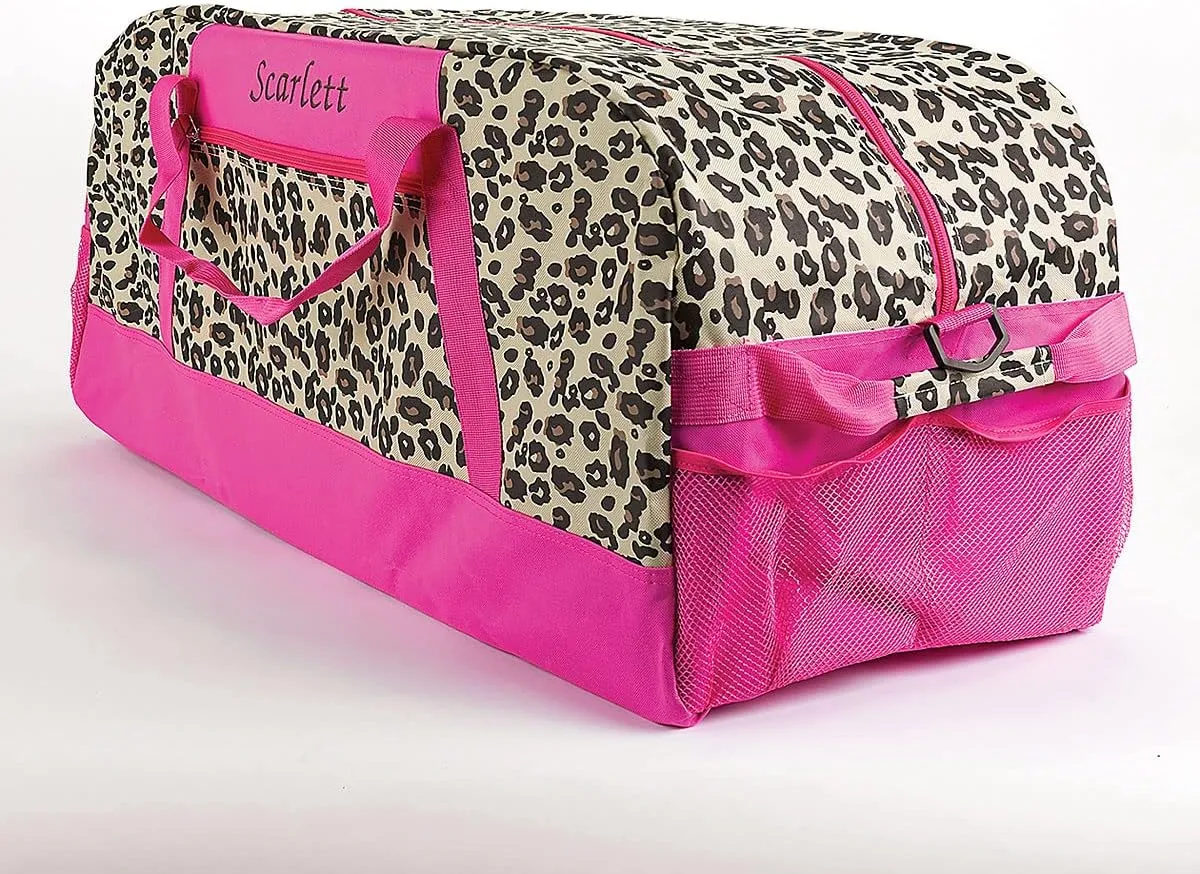 Lillian Vernon Personalized Duffel Bag for Kids, Roomy Pink Leopard Weekender With Front & Side Compartment, Customizable Girls Sports & Travel Bags With Custom Name, 13" x 15" x 30"W