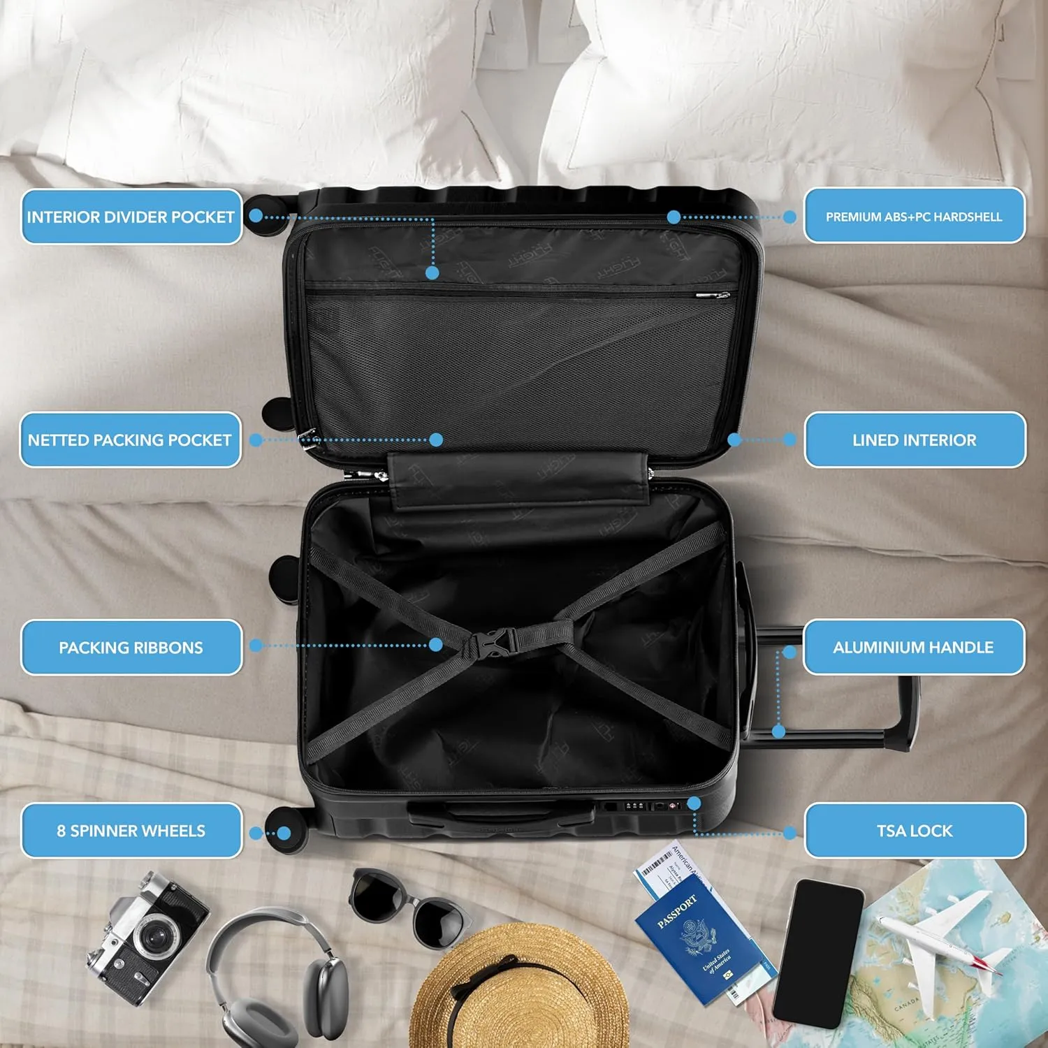 Luggage Sets TSA Lock Silent Double Spinner Wheels Durable Hardside Lightweight Suitcase With 24x16x10 Carry-On Case Maximum Carry On Bag Size For Virgin & South West Approved Airlines