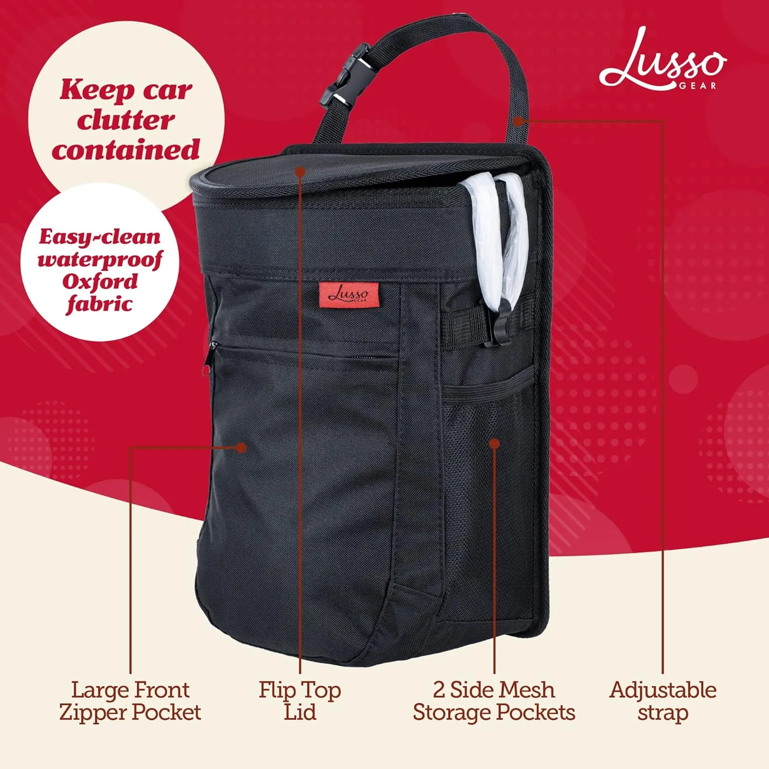 Lusso Gear Spill-Proof Car Trash Can 2.5 Gallon - Easy-to-Clean Hanging Garbage Bin - Leak-Proof Lid, Removable Liner, Waterproof - Keep Car, SUV, Truck, Minivan Odor-Free - Black - Truck Accessories