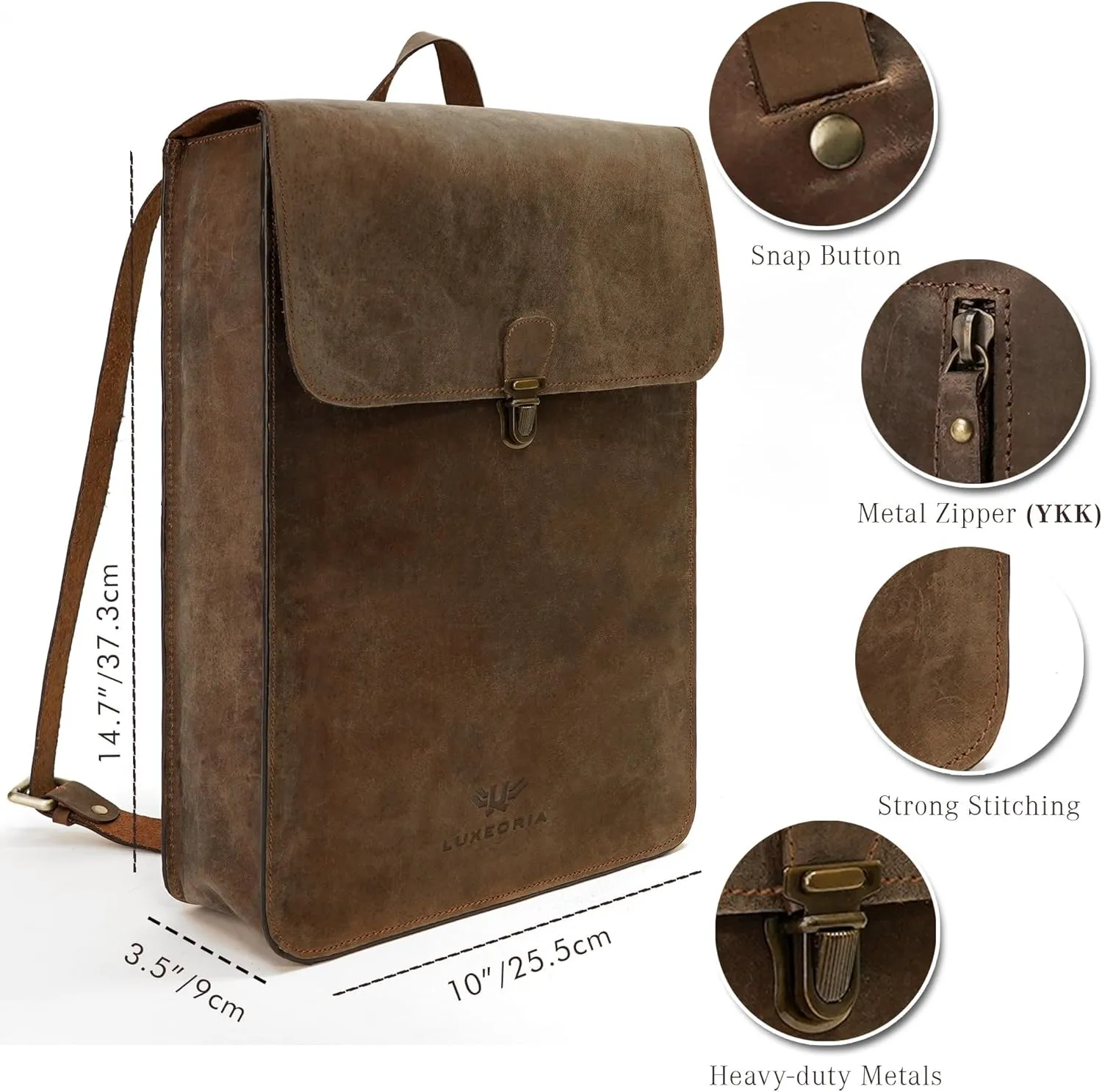 LUXEORIA Genuine Leather Backpack for Men and Women, Minimalistic Leather Backpack, Handmade Retro Style 15.6" Laptop Bag, Hiking Shoulder Daypack - Hunter Brown