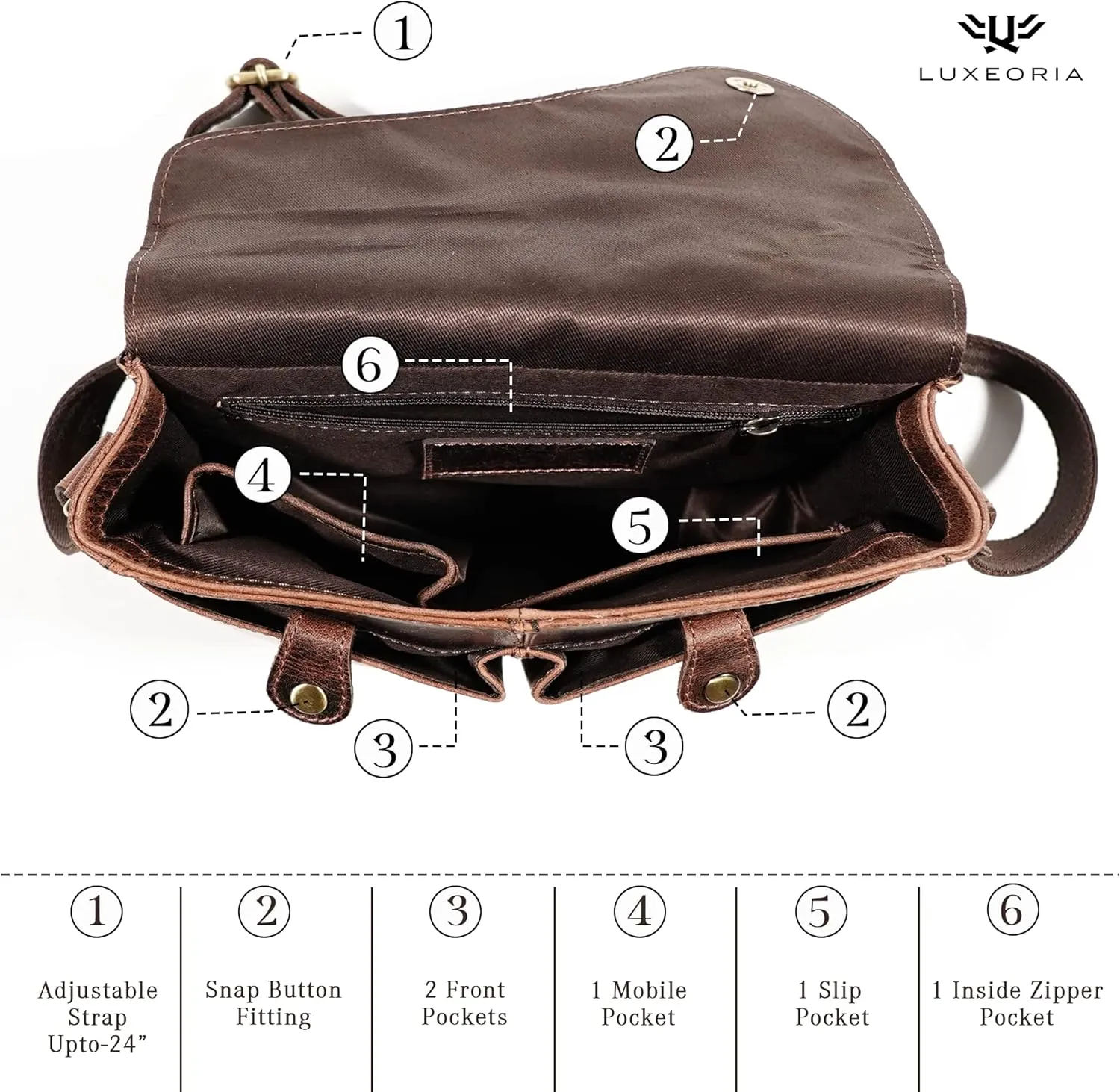 LUXEORIA Leather Messenger Bag for Men & Women, Over the Shoulder Bag for Women Crossbody & Mens Briefcase Office Bag