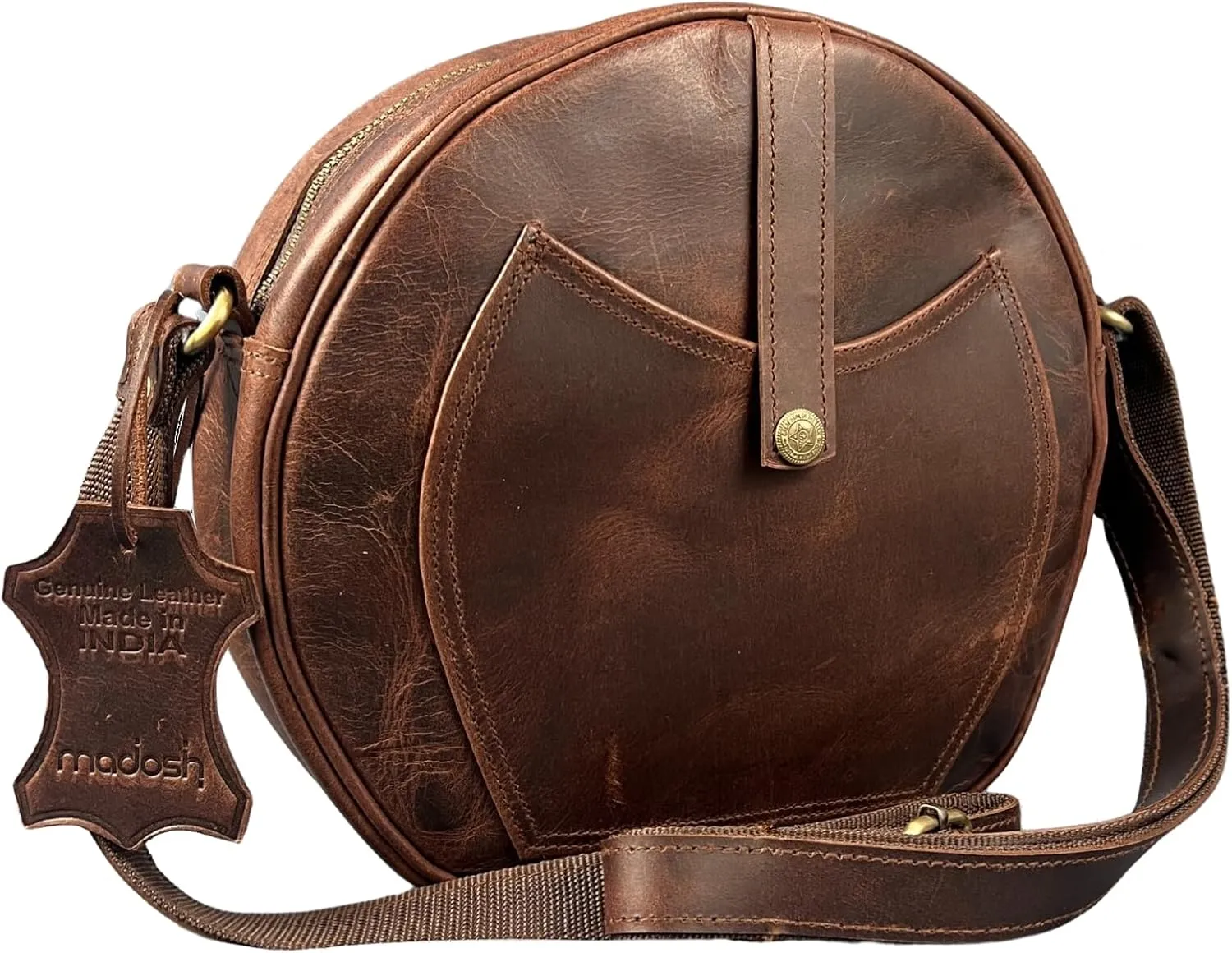 Madosh Genuine Leather Crossbody Sling Bag |Brown Leather Bag | Unique Round layout |Spacious Compartments| Women everyday use.