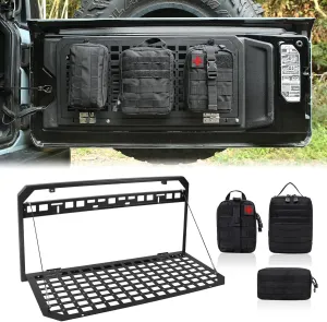 MAIKER Tailgate Table 3 Storage Bags,Tailgate MOLLE Panel Compatible with 2007-2024 Jeep Wrangler JK JKU JL JLU Foldable Cargo Shelf Aluminum Alloy Storage Shelf (Not Fit Models with Stock Subwoofer)