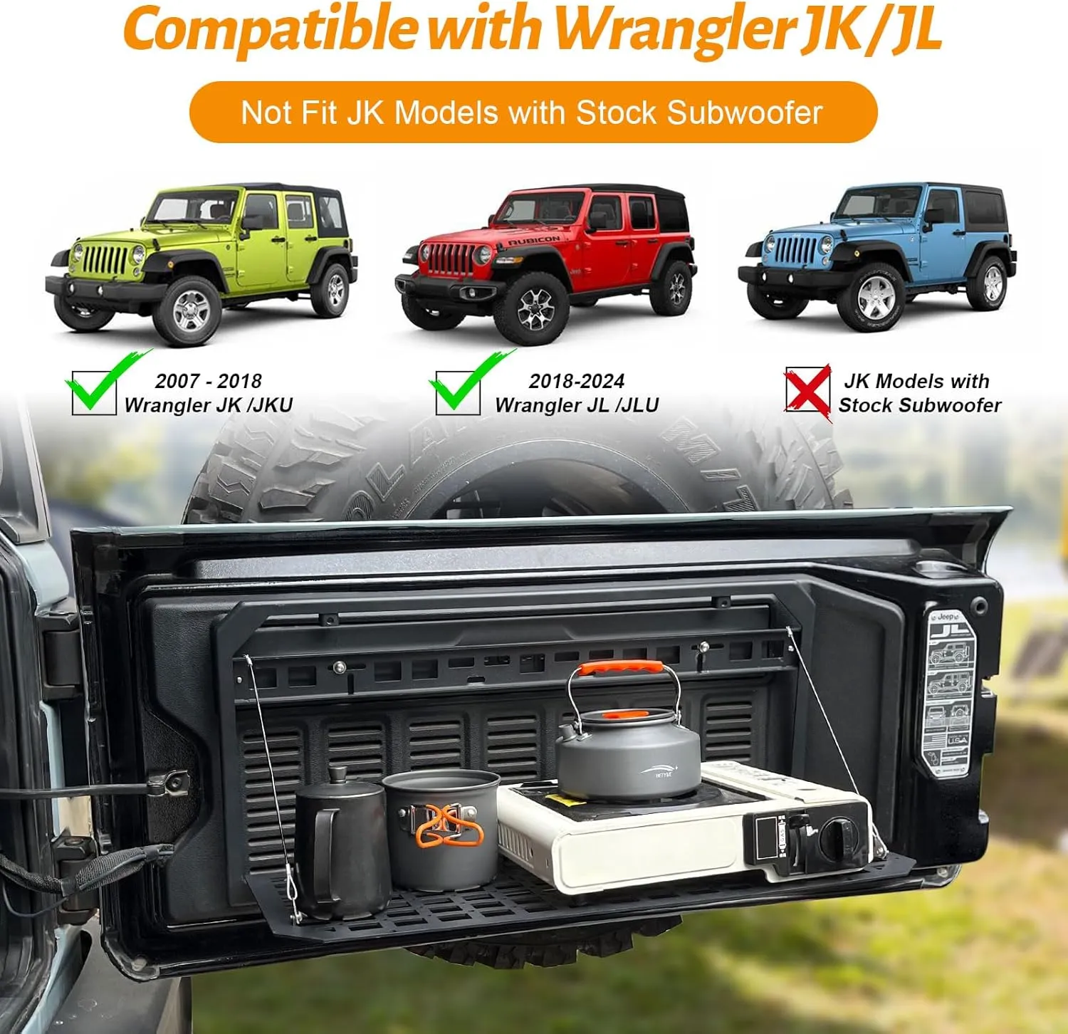 MAIKER Tailgate Table 3 Storage Bags,Tailgate MOLLE Panel Compatible with 2007-2024 Jeep Wrangler JK JKU JL JLU Foldable Cargo Shelf Aluminum Alloy Storage Shelf (Not Fit Models with Stock Subwoofer)