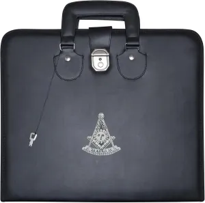 Masonic Past Master Apron Case Black Imitation Leather – Hand Embroidered (Silver Emblem), MM Provincial Size | Freemason Carrying Bags