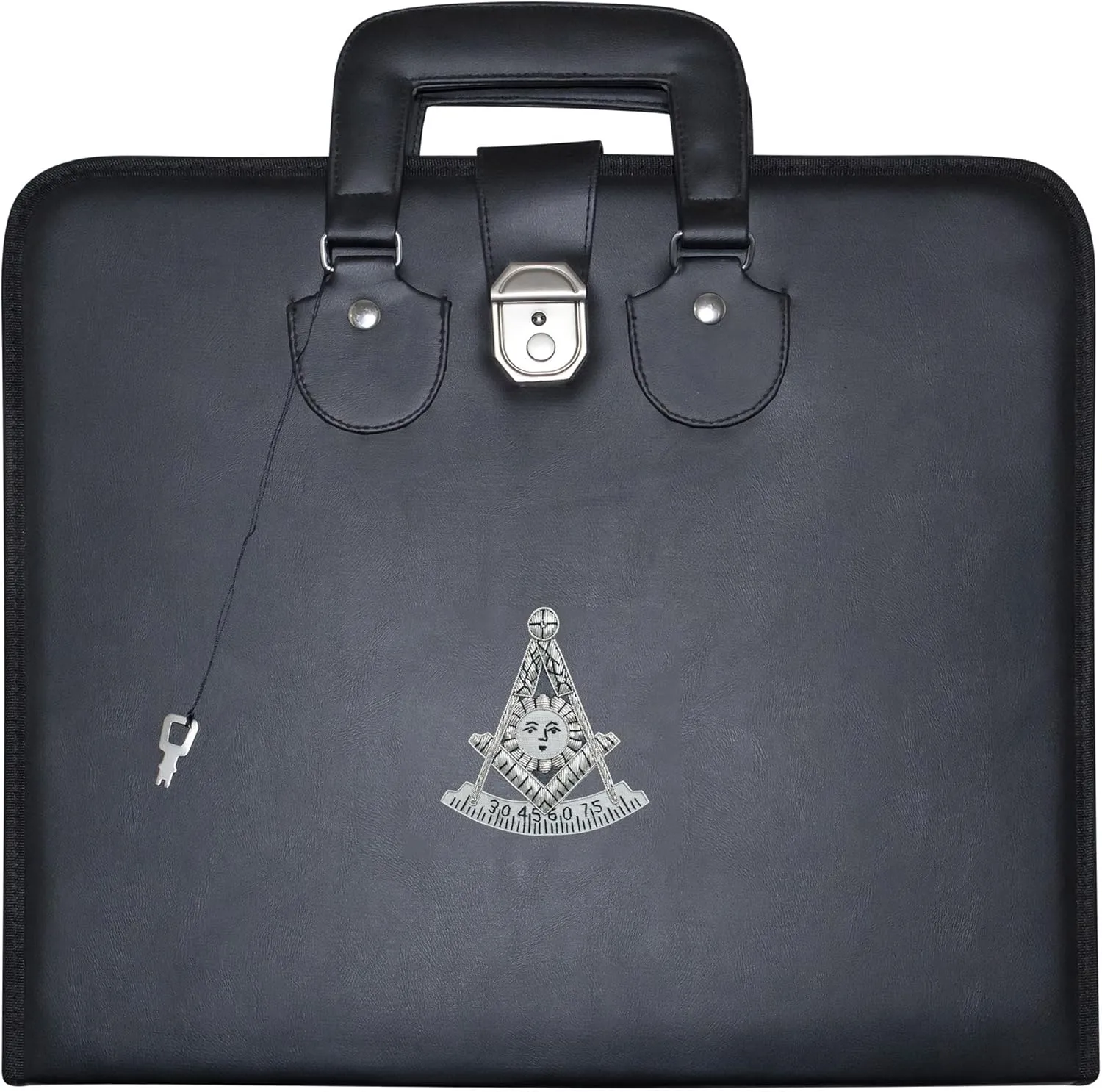 Masonic Past Master Apron Case Black Imitation Leather – Hand Embroidered (Silver Emblem), MM Provincial Size | Freemason Carrying Bags