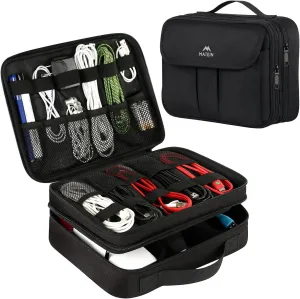 MATEIN Electronics Organizer, Waterproof Travel Electronic Accessories Case Portable Double Layer Cable Storage Bag for Cord, Charger, Power Bank, Flash Drive, Phone, Tablet, SD Card, Tablet, Black