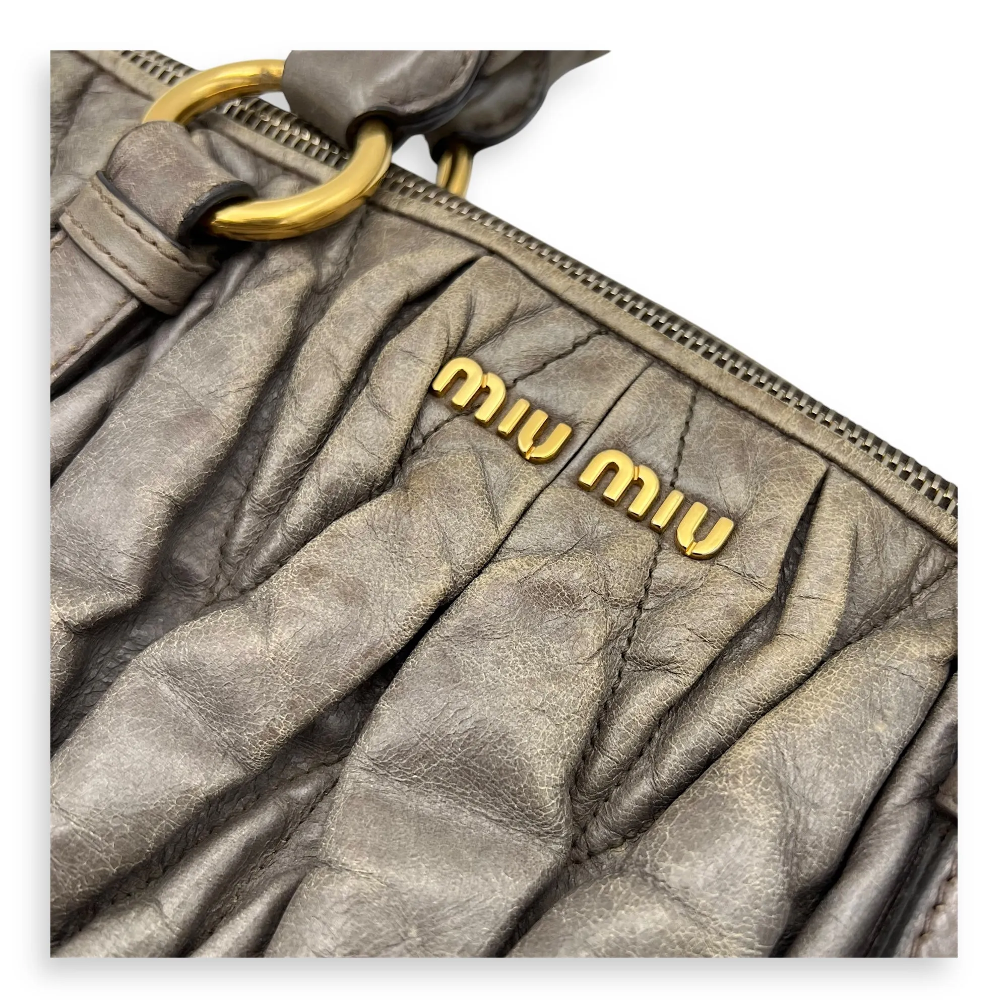 Matelassé Grey Top Handle Bag in Distressed Leather, Gold hardware