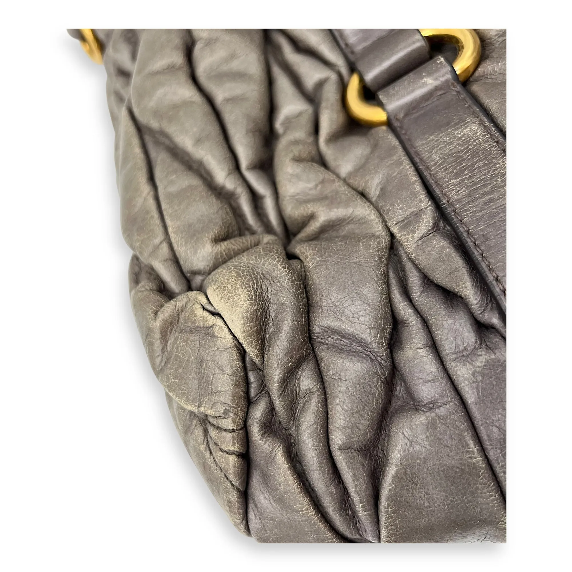 Matelassé Grey Top Handle Bag in Distressed Leather, Gold hardware