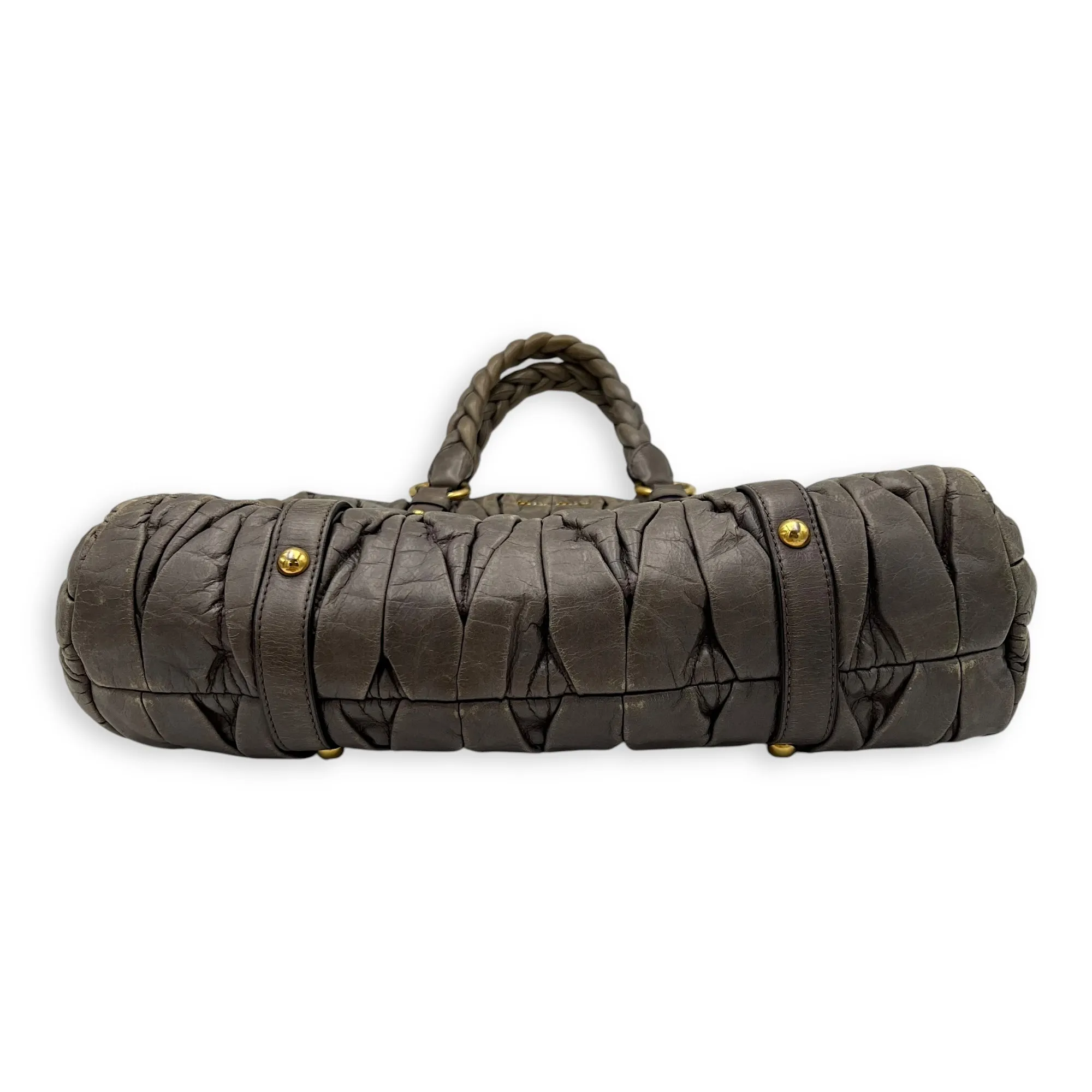 Matelassé Grey Top Handle Bag in Distressed Leather, Gold hardware