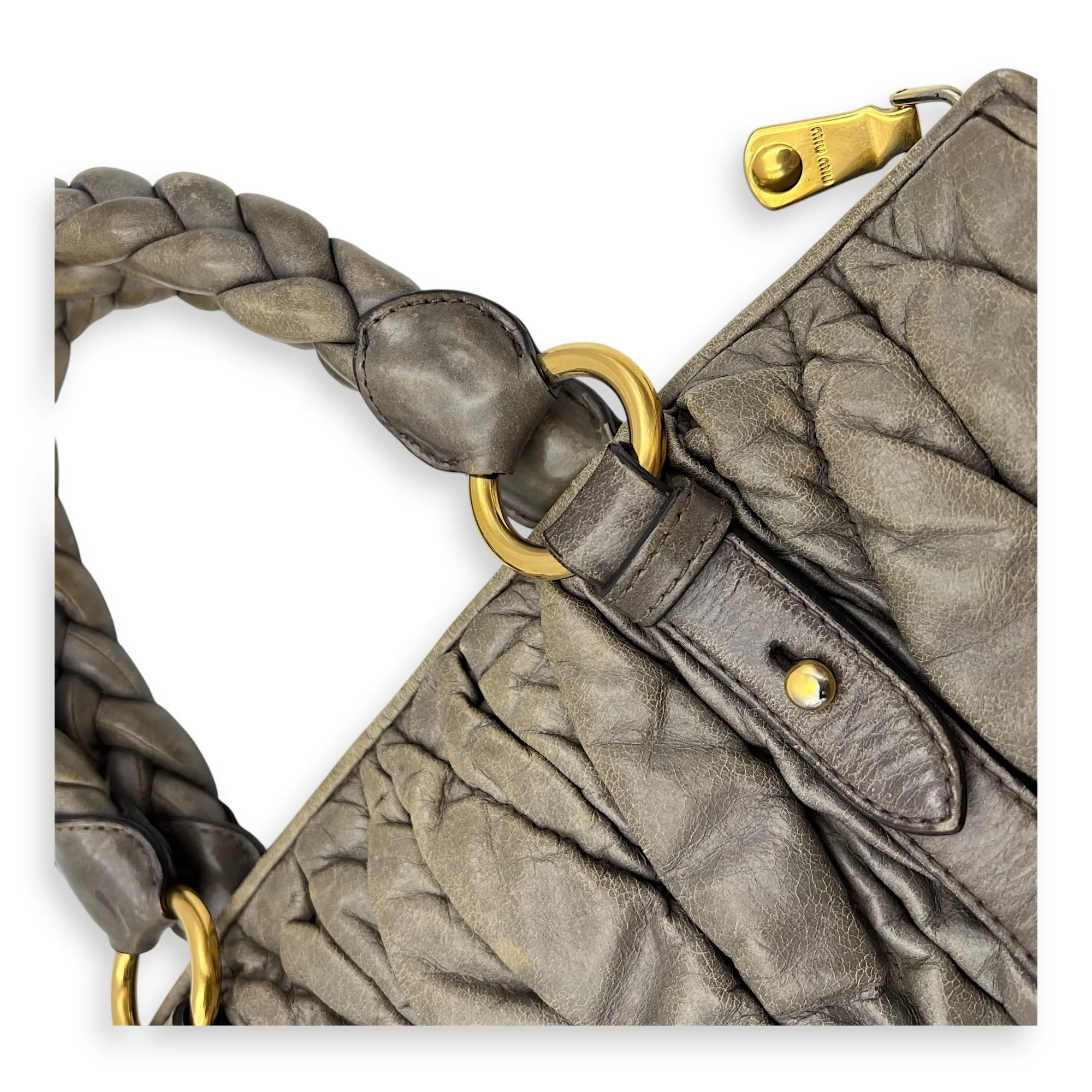 Matelassé Grey Top Handle Bag in Distressed Leather, Gold hardware