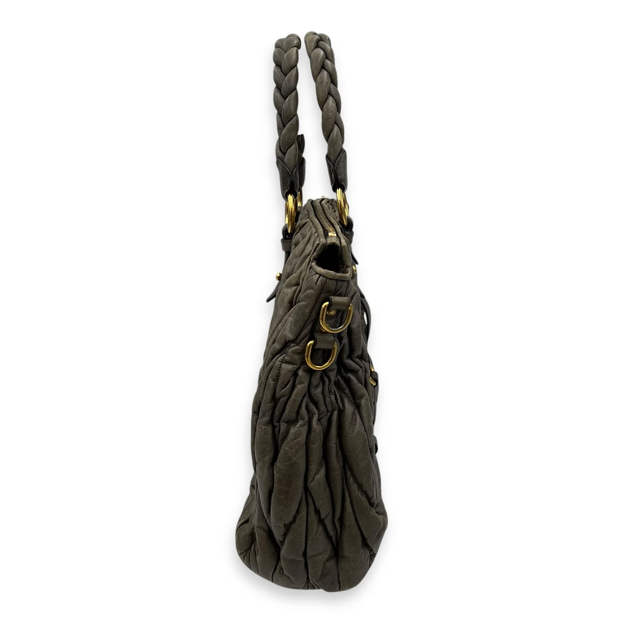 Matelassé Grey Top Handle Bag in Distressed Leather, Gold hardware