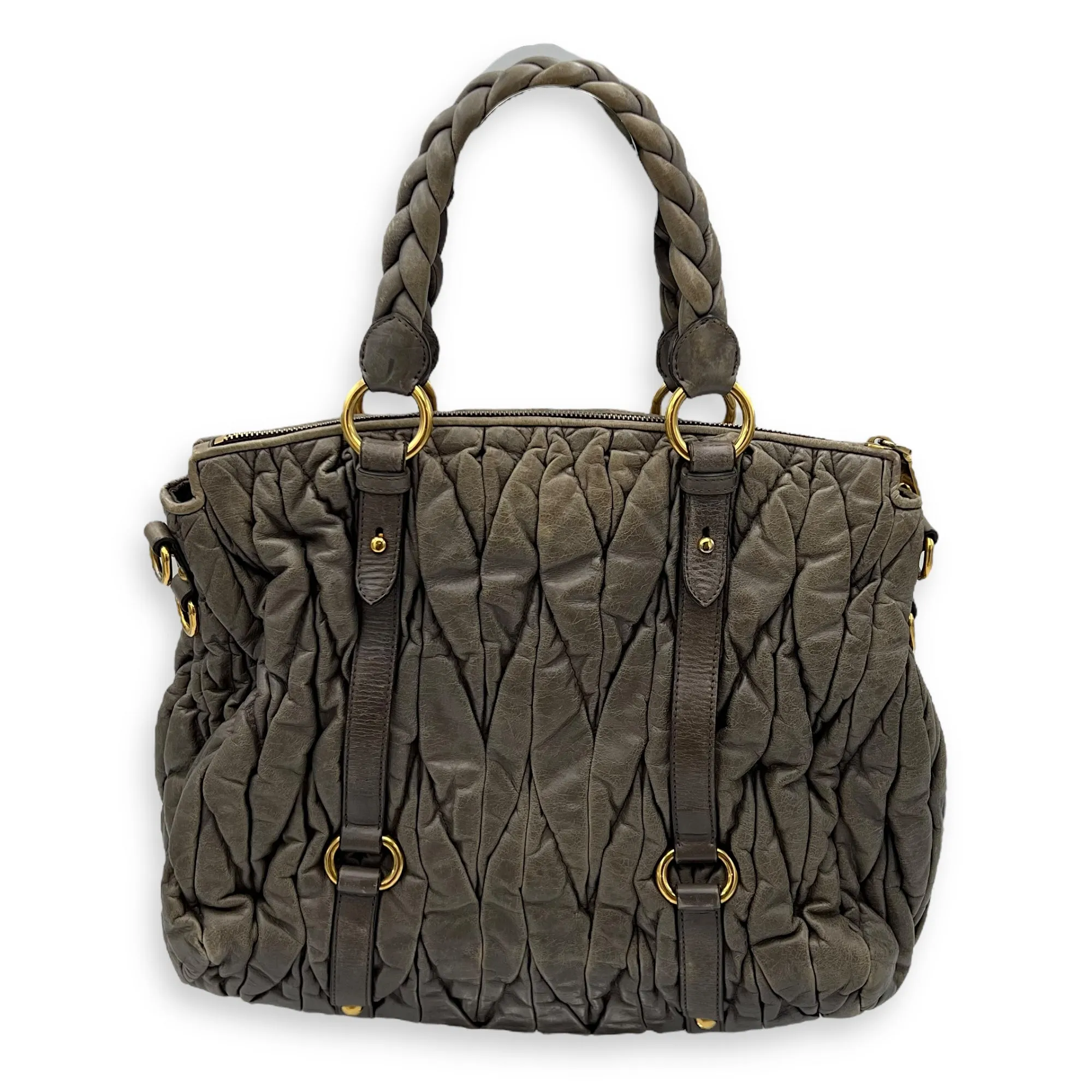 Matelassé Grey Top Handle Bag in Distressed Leather, Gold hardware