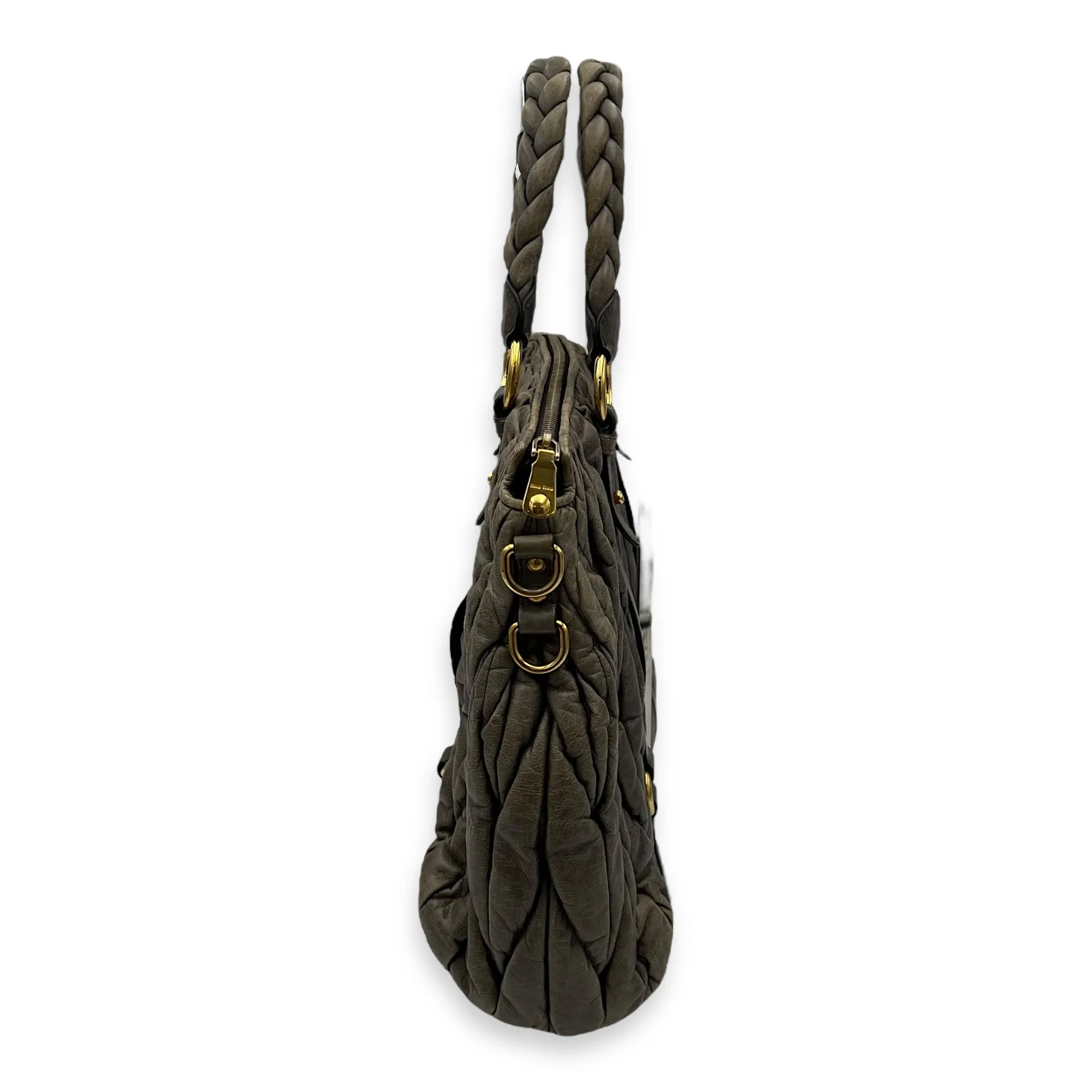 Matelassé Grey Top Handle Bag in Distressed Leather, Gold hardware