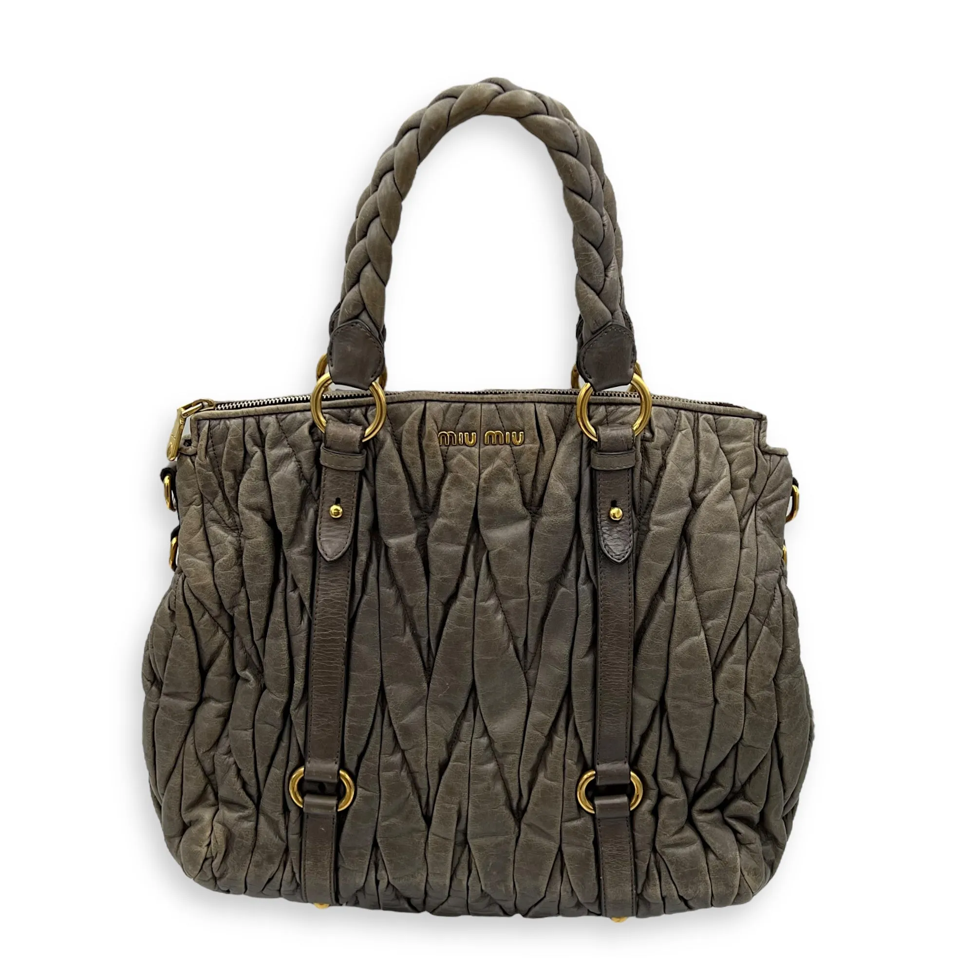 Matelassé Grey Top Handle Bag in Distressed Leather, Gold hardware
