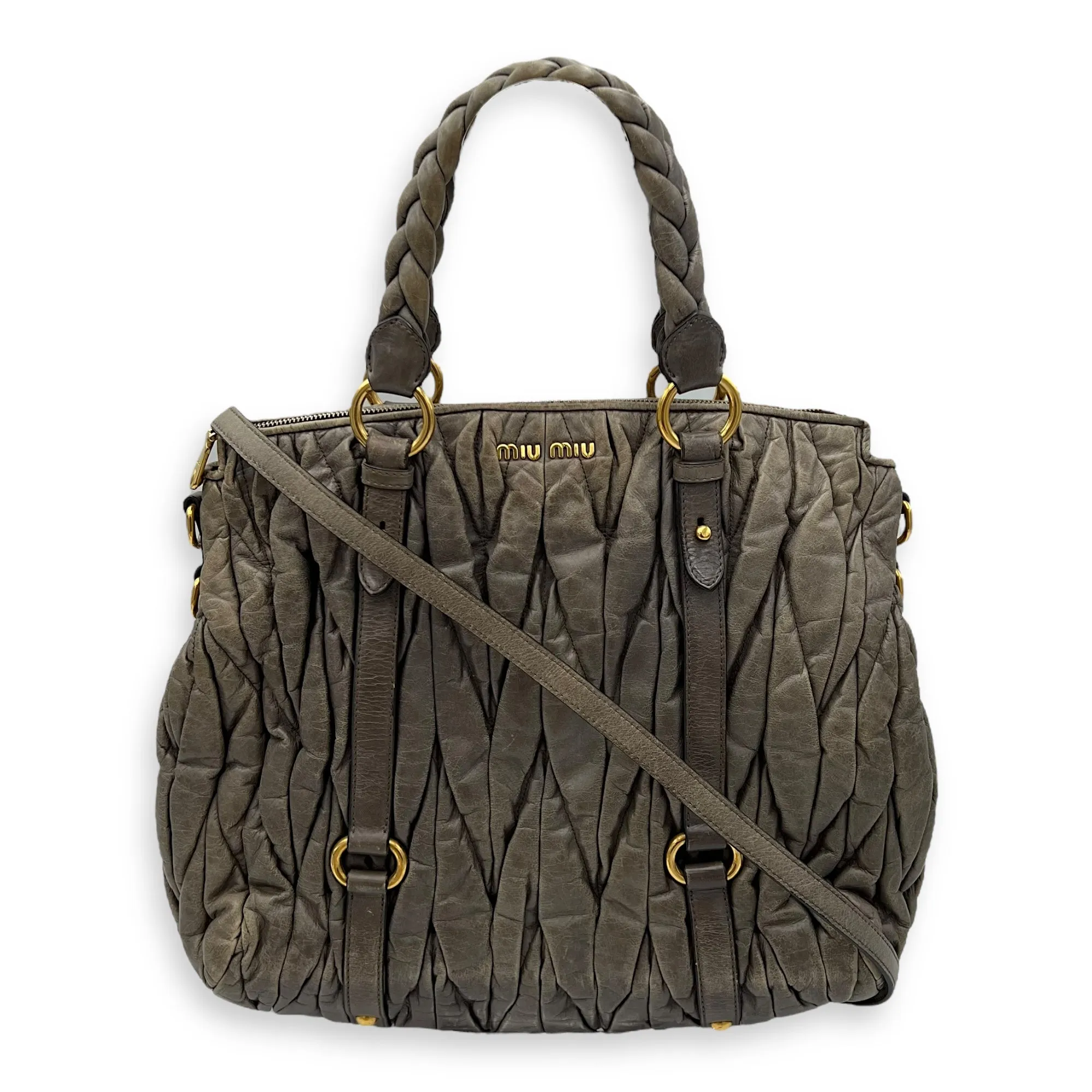 Matelassé Grey Top Handle Bag in Distressed Leather, Gold hardware