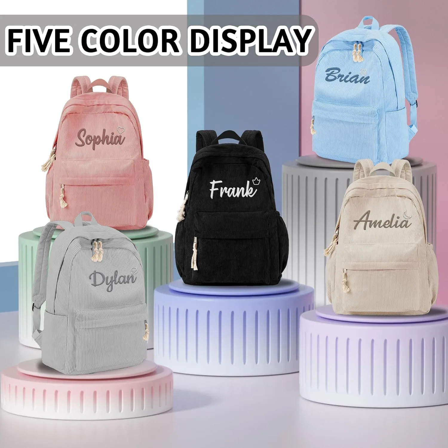 MATONGO Personalized Corduroy Backpack for Women with Embroidery Name, Custom Casual Backpack for School Travel Work, ​Laptop Backpack, Back to School Gifts, Black Schoolbag for Boys Girls Kids