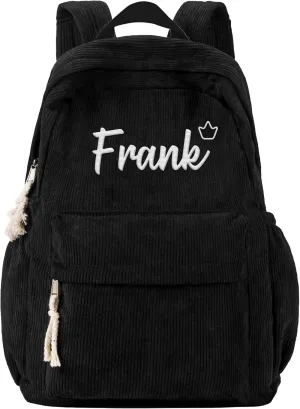 MATONGO Personalized Corduroy Backpack for Women with Embroidery Name, Custom Casual Backpack for School Travel Work, ​Laptop Backpack, Back to School Gifts, Black Schoolbag for Boys Girls Kids