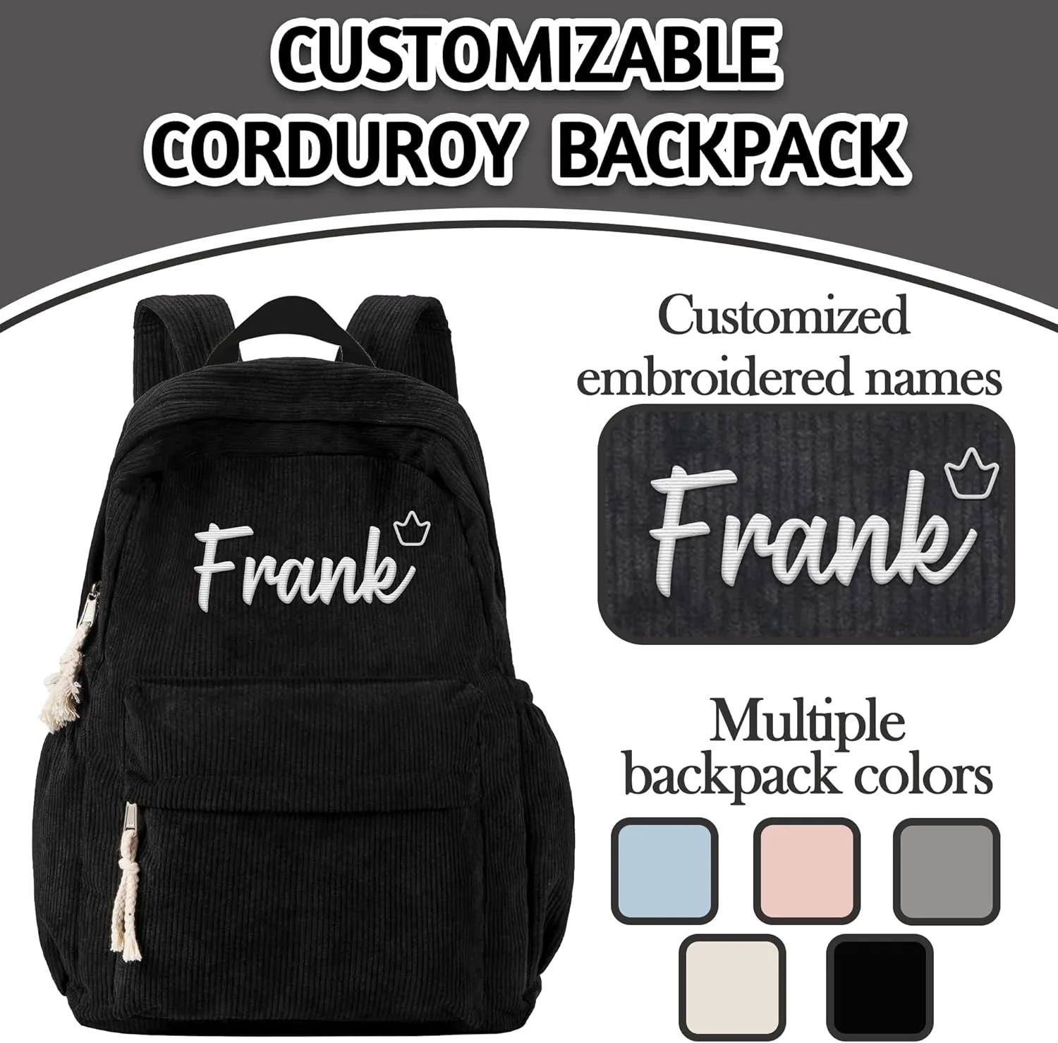 MATONGO Personalized Corduroy Backpack for Women with Embroidery Name, Custom Casual Backpack for School Travel Work, ​Laptop Backpack, Back to School Gifts, Black Schoolbag for Boys Girls Kids