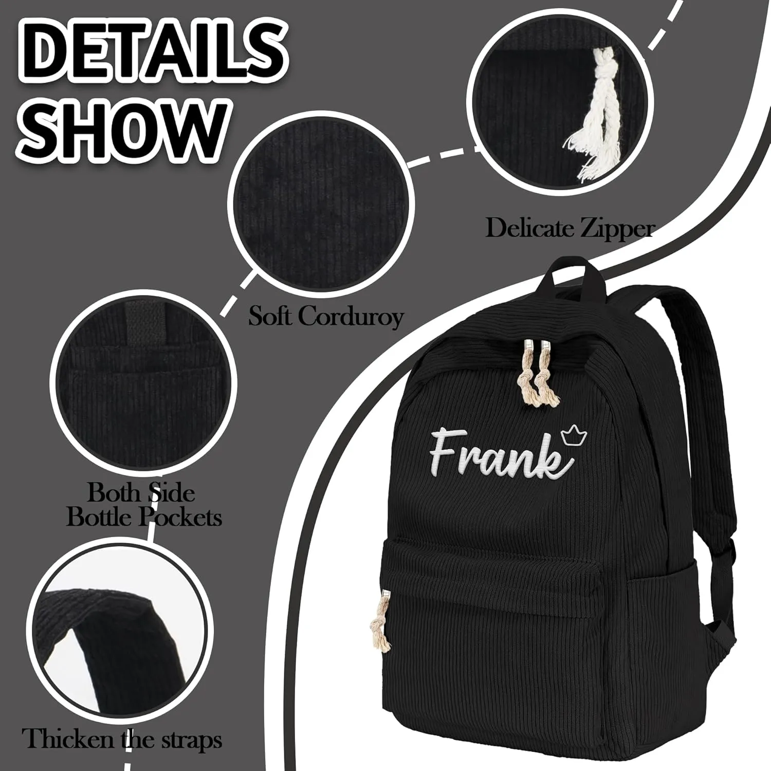 MATONGO Personalized Corduroy Backpack for Women with Embroidery Name, Custom Casual Backpack for School Travel Work, ​Laptop Backpack, Back to School Gifts, Black Schoolbag for Boys Girls Kids