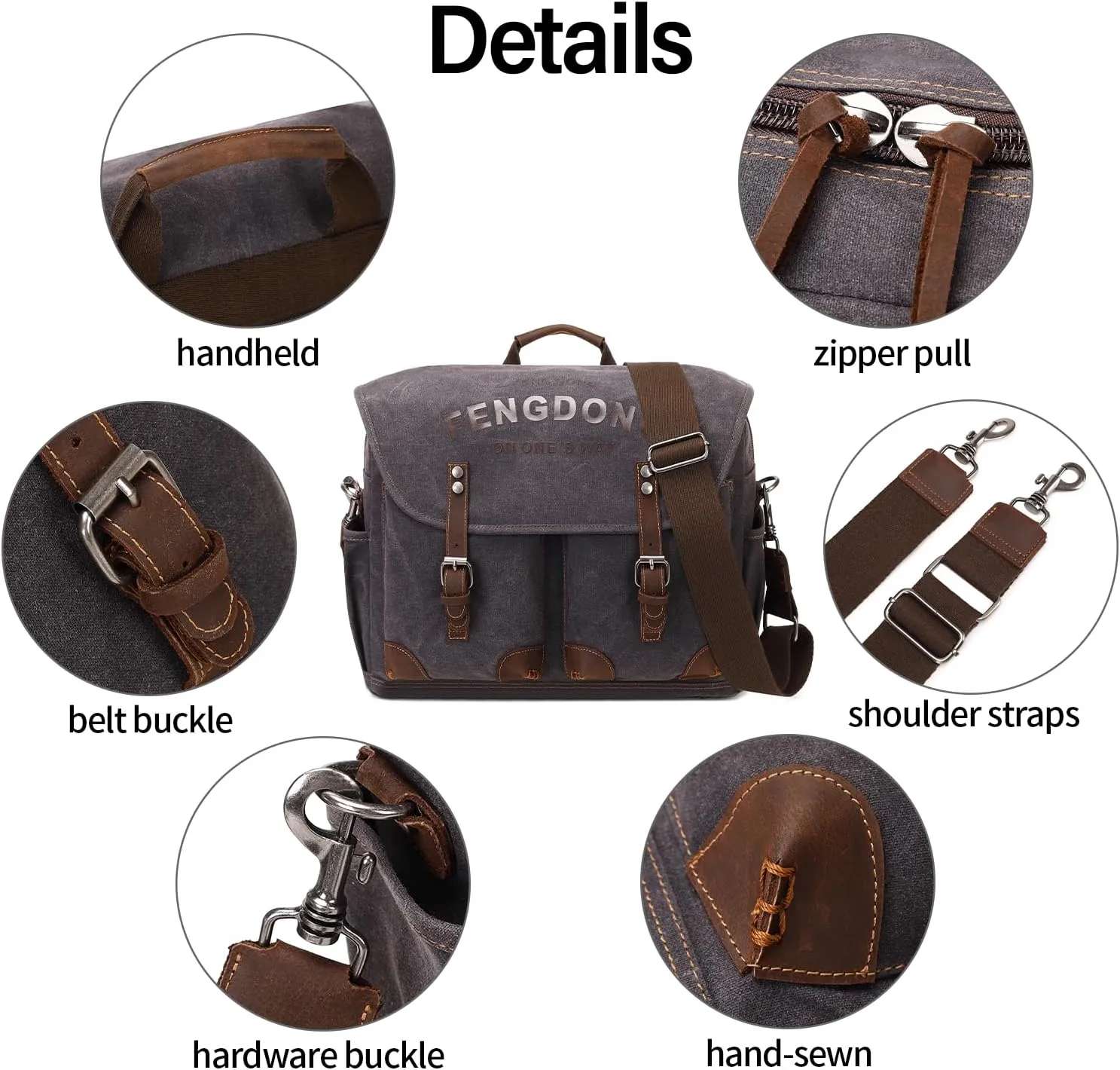 Mens Messenger Bag 15.6 Inch Vintage Waxed Canvas Genuine Leather Briefcase Leather Computer Laptop Bag Rugged Satchel Shoulder Bag Black Gray