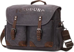 Mens Messenger Bag 15.6 Inch Vintage Waxed Canvas Genuine Leather Briefcase Leather Computer Laptop Bag Rugged Satchel Shoulder Bag Black Gray