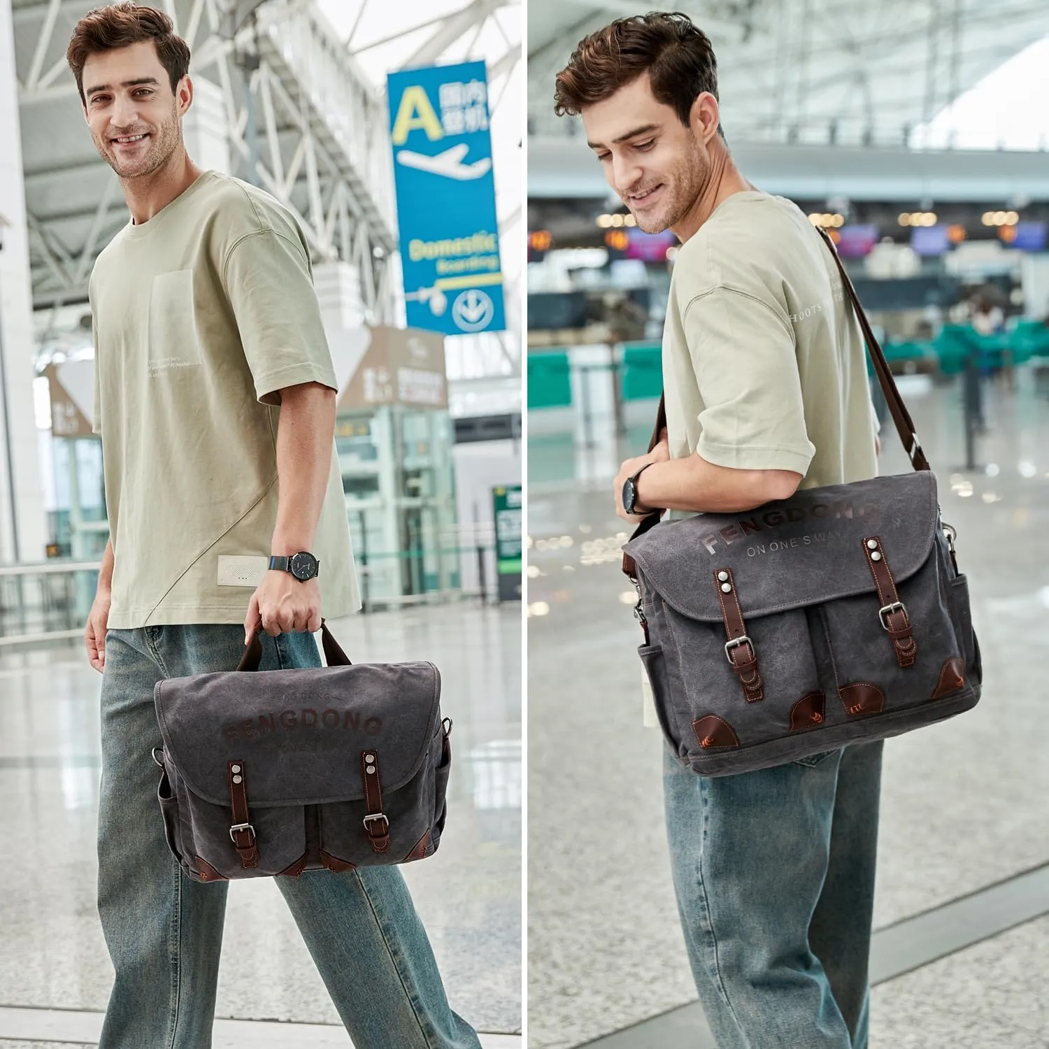 Mens Messenger Bag 15.6 Inch Vintage Waxed Canvas Genuine Leather Briefcase Leather Computer Laptop Bag Rugged Satchel Shoulder Bag Black Gray