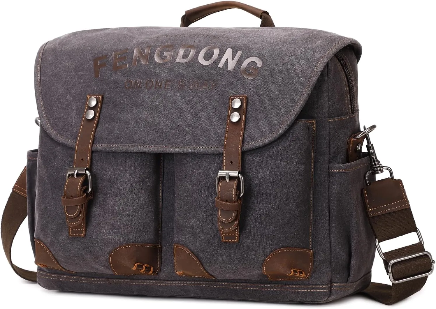 Mens Messenger Bag 15.6 Inch Vintage Waxed Canvas Genuine Leather Briefcase Leather Computer Laptop Bag Rugged Satchel Shoulder Bag Black Gray