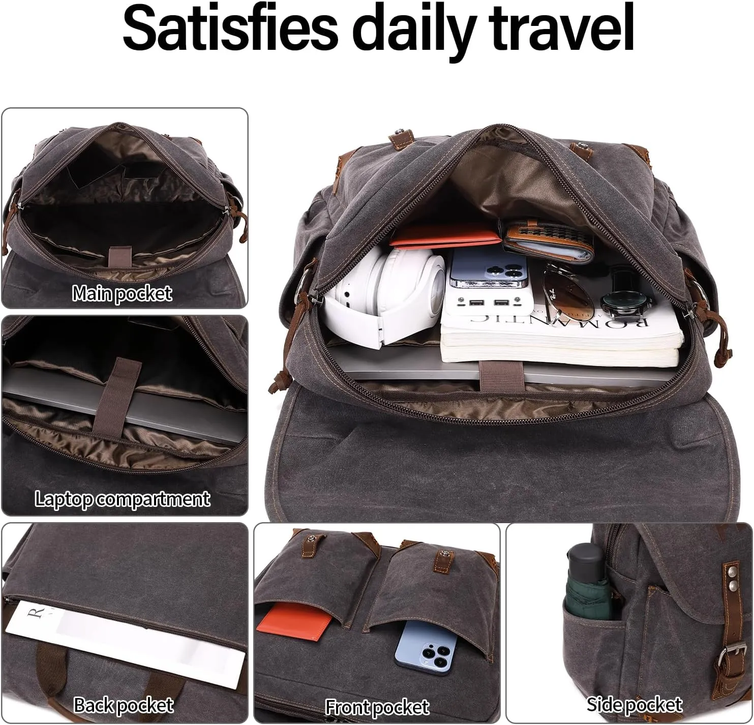 Mens Messenger Bag 15.6 Inch Vintage Waxed Canvas Genuine Leather Briefcase Leather Computer Laptop Bag Rugged Satchel Shoulder Bag Black Gray