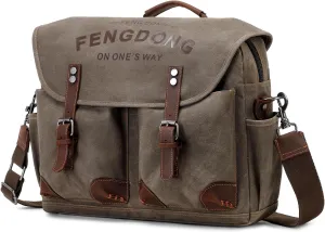 Mens Messenger Bag 15.6 Inch Vintage Waxed Canvas Genuine Leather Briefcase Leather Computer Laptop Bag Rugged Satchel Shoulder Bag Green