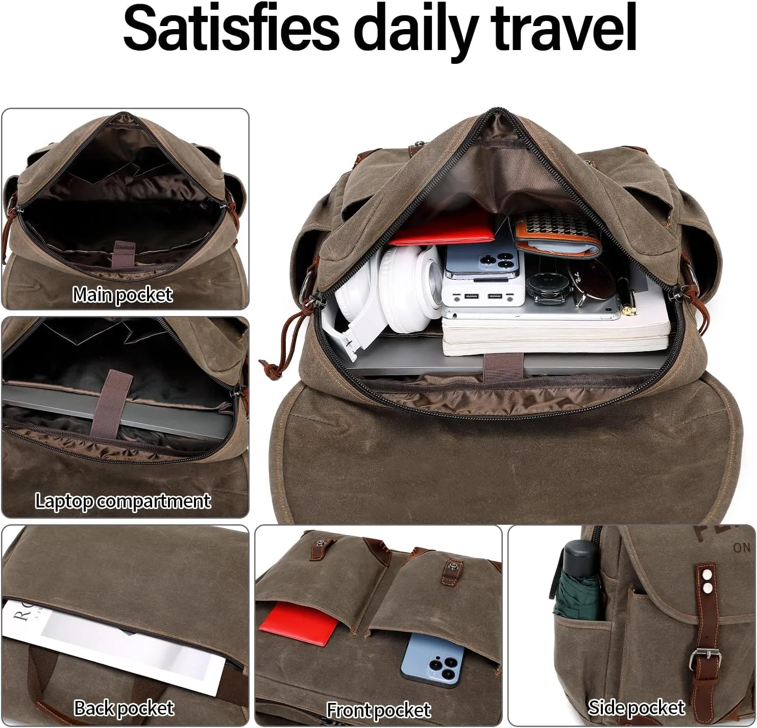 Mens Messenger Bag 15.6 Inch Vintage Waxed Canvas Genuine Leather Briefcase Leather Computer Laptop Bag Rugged Satchel Shoulder Bag Green