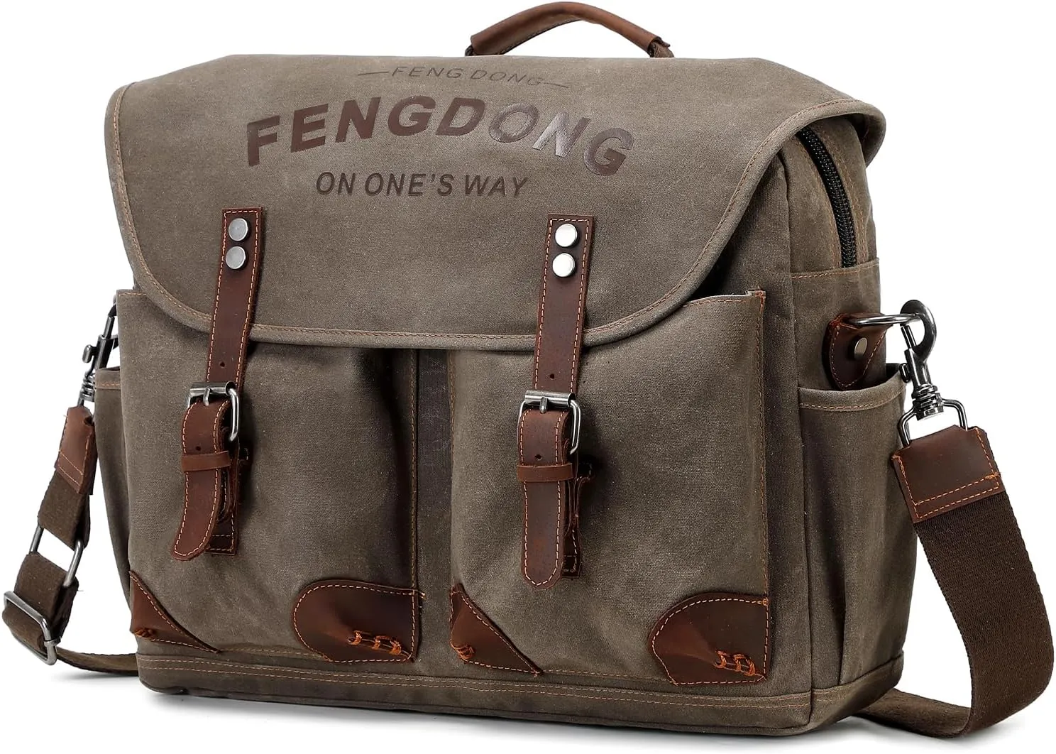 Mens Messenger Bag 15.6 Inch Vintage Waxed Canvas Genuine Leather Briefcase Leather Computer Laptop Bag Rugged Satchel Shoulder Bag Green