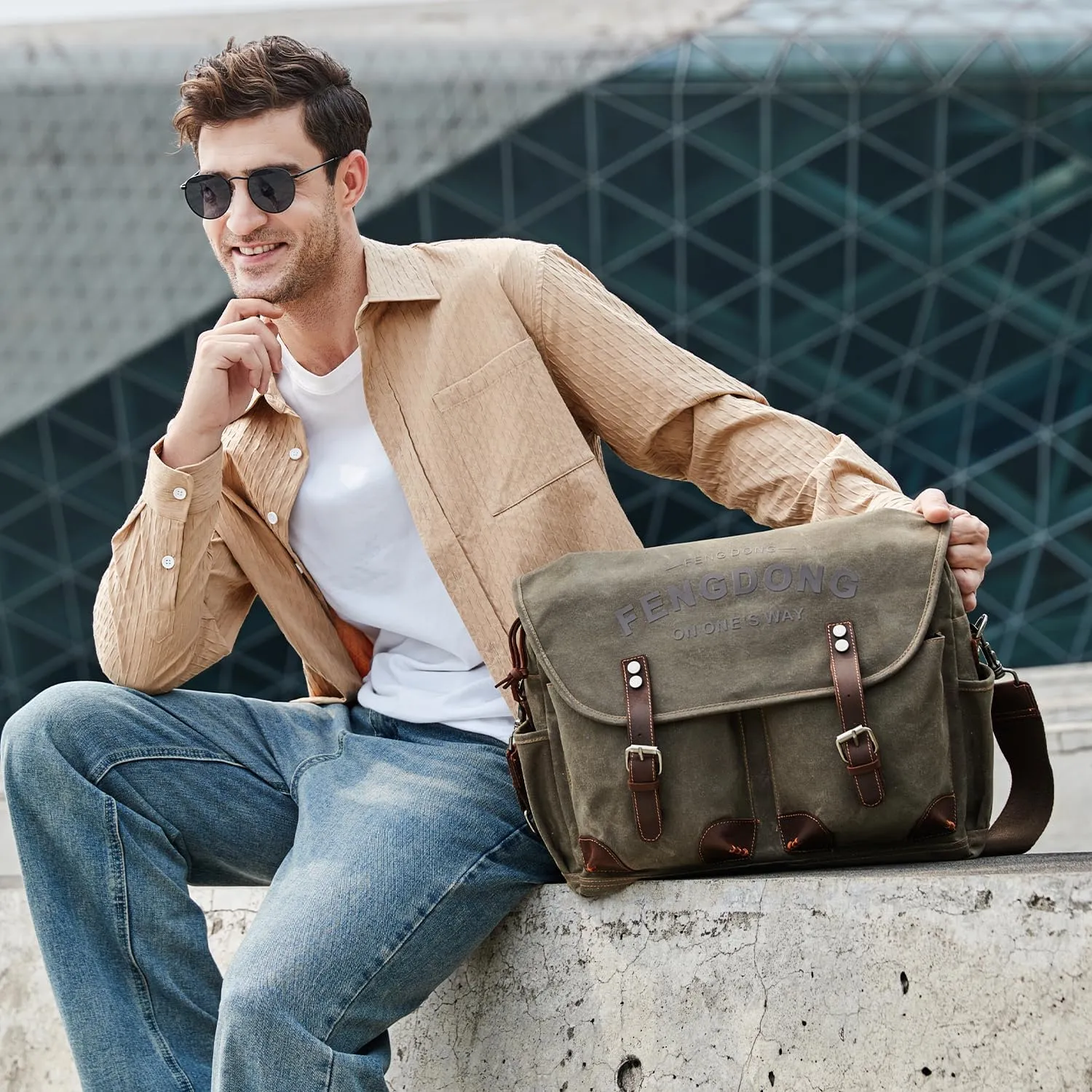 Mens Messenger Bag 15.6 Inch Vintage Waxed Canvas Genuine Leather Briefcase Leather Computer Laptop Bag Rugged Satchel Shoulder Bag Green