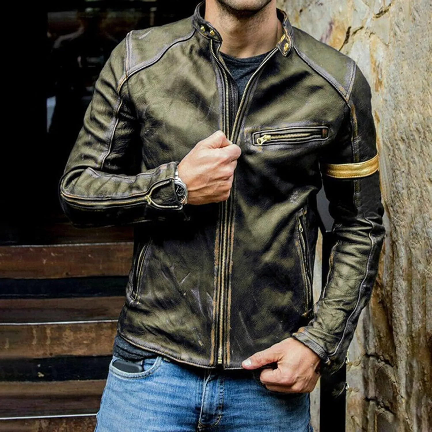 Mens Vintage Cafe Racer Distressed Biker Leather Jacket | Motorcycle Leather Jacket for Men