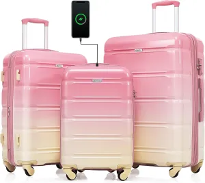 Merax 3 Piece Hardshell Luggage Sets Expandable Spinner Wheel Suitcases Cup Holder, Pink/Yellow(Horizontal Stripe), 20/24/28 Inch