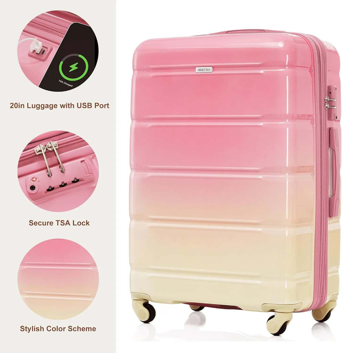 Merax 3 Piece Hardshell Luggage Sets Expandable Spinner Wheel Suitcases Cup Holder, Pink/Yellow(Horizontal Stripe), 20/24/28 Inch