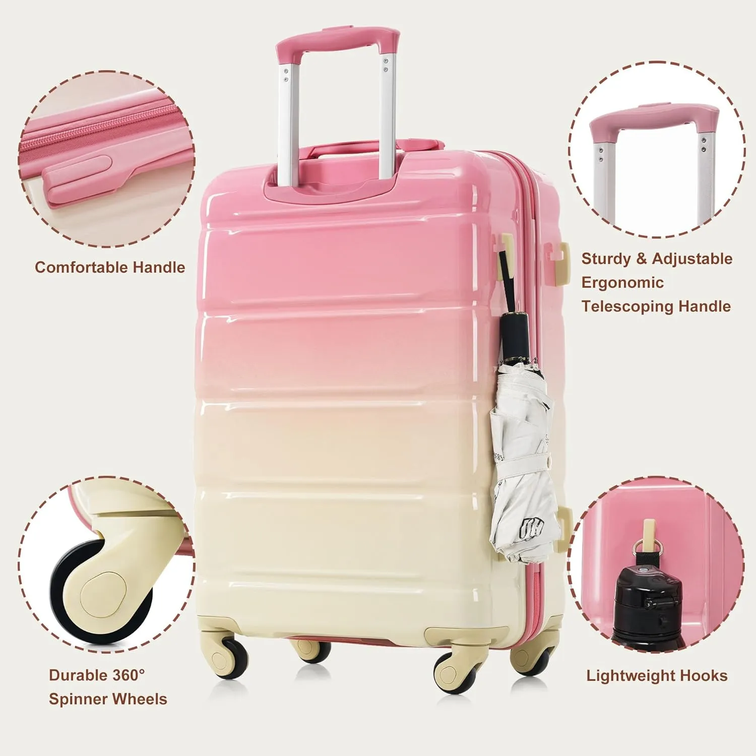 Merax 3 Piece Hardshell Luggage Sets Expandable Spinner Wheel Suitcases Cup Holder, Pink/Yellow(Horizontal Stripe), 20/24/28 Inch