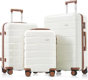 Merax Luggage Set 3 Piece, ABS Durable Lightweight, 360 Silent Spinner Wheel, TSA Lock, ivory and brown, 20/24/28 Inch